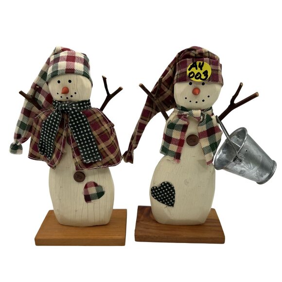 Home Interiors Rustic Wood Mr & Mrs Snowman Figurines Set Winter Decor 7" Tall - Picture 8 of 8